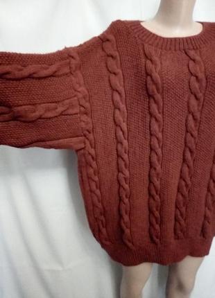 Вязаный свитер с косами оверсайз крупная вязка объёмный ручная, большой размер №5kt1 фото
