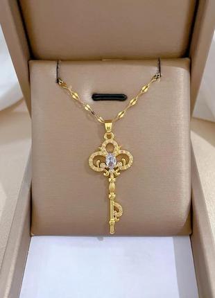 Кулон на цепочке liresmina jewelry эксклюзивный золотой ключик с белыми фианитами 4.2 см золотистый2 фото