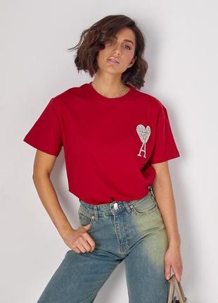 Трикотажная футболка ami украшена бисером и стразами - красный цвет, l (есть размеры)6 фото