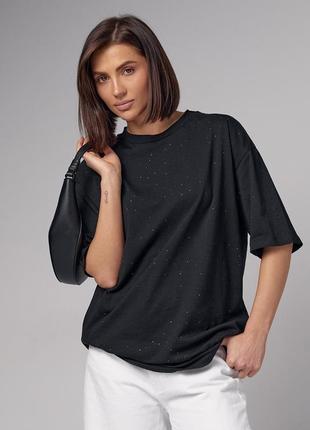Трикотажная женская футболка украшена термостразами - черный цвет, l (есть размеры)