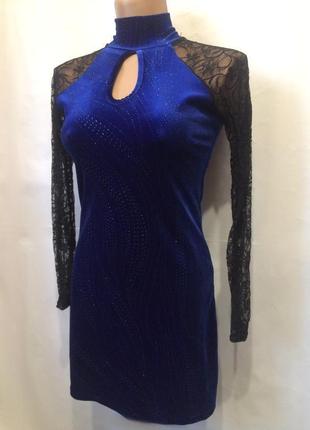 Синє бархатне плаття на довгий рукав велюр оксамит гіпюр вирізана спинка1 фото