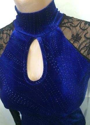 Синє бархатне плаття на довгий рукав велюр оксамит гіпюр вирізана спинка2 фото