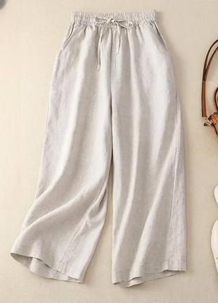 Женские льняные брюки широкий крой пояс на резинке5 фото