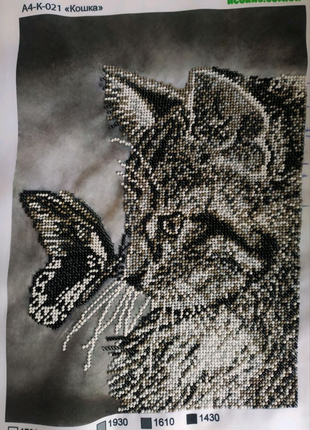 Картина вишита із бісеру "кішка з метеликом"1 фото