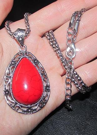 Винтажный стиль - красная подвеска на цепи с кораллом, 5739-3