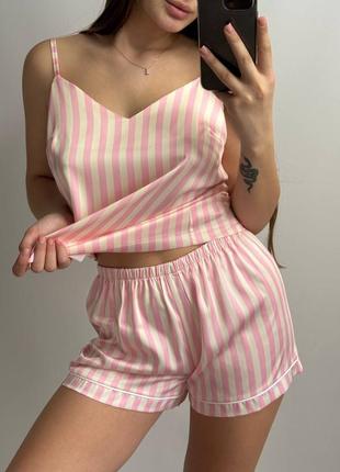 Піжама комплект сатин майка і шорти принт смужка