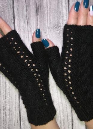 Рукавички без пальців жіночі рукавиці - чорні мітенки2 фото