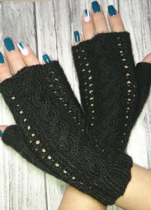 Рукавички без пальців жіночі рукавиці - чорні мітенки5 фото