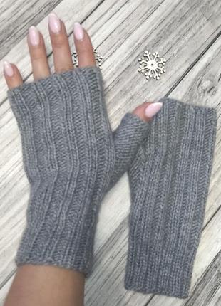 Сірі вовняні жіночі рукавички - в'язані мітенки - рукавички без п