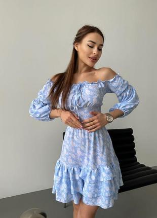 Платье с корсетной шнуровкой на спине мини в цветочек с открытыми плечами с рукавами фонариками приталенное розовое чёрное мокко зелёное голубое мята