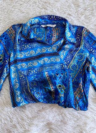 Синяя атласная рубашка топ zara6 фото