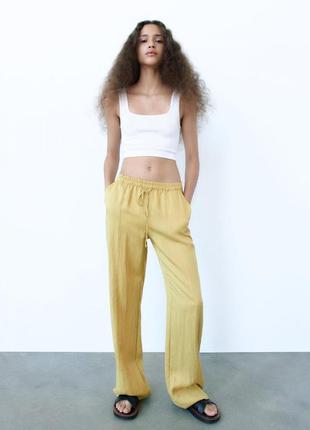 Женские широкие брюки zara &lt;unk&gt; straight fit trousers olive green &lt;unk&gt; 7102/416