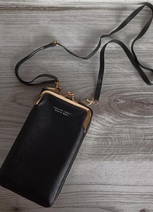 Женская сумочка для телефона через плечо, клатч, кошелек черная сумка-портмоне8 фото