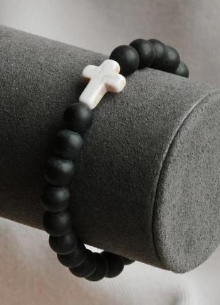 Чоловічий браслет з натурального каменю шунгіта на руку "білий хрест" - 17 см5 фото