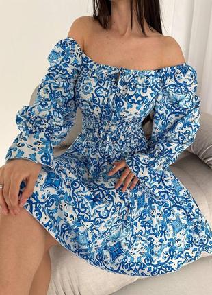 Женское летнее платье мини с открытыми плечами и длинным рукавом3 фото