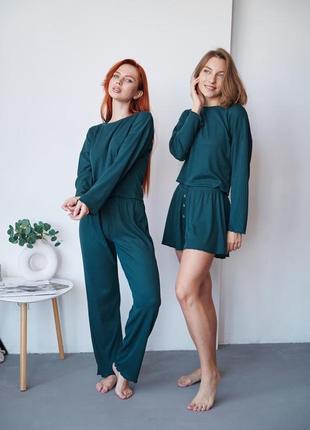 🌸женский пижамный комплект тройка: кофта, шорты и штаны4 фото