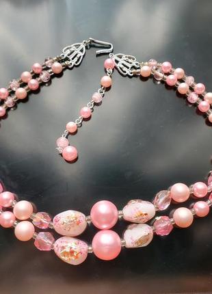 Розовое стеклянное ожерелье в два ряда, япония2 фото