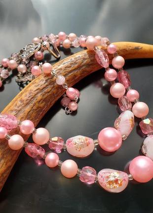 Розовое стеклянное ожерелье в два ряда, япония4 фото