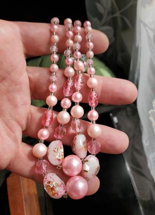 Розовое стеклянное ожерелье в два ряда, япония9 фото