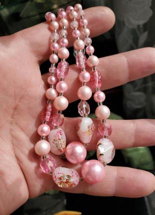 Розовое стеклянное ожерелье в два ряда, япония3 фото