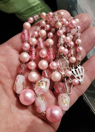 Розовое стеклянное ожерелье в два ряда, япония10 фото
