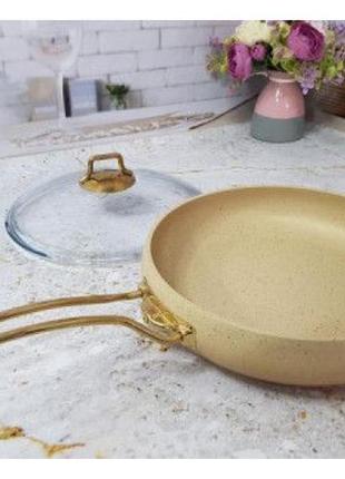 Сковорода oms crem d-26 см., (з кришкою скло, кремовий)