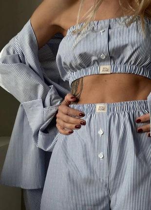 Комфортный легкий костюм тройка: рубашка, топ, шорты 🐻‍❄️ домашняя пижама пижама