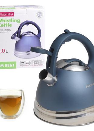 Чайник kamille 3,0 л. з нержавіючої сталі із свистком і ручкою "soft touch" (блакитний)
