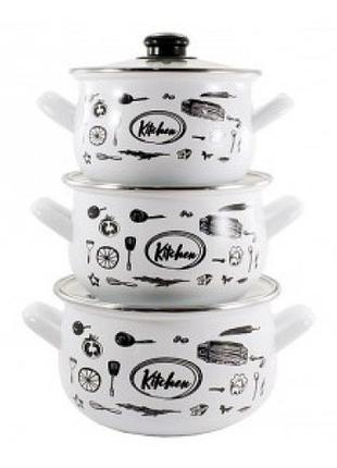 Набір каструль емальованих interos kitchen  white 6 пр. (каструлі: 2 л., 3 л., 3,5 л)