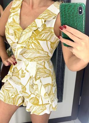 👗хлопковый бело-горчичный ромпер с листьями/комбез с рюшами хлопок/комбинезон с шортами👗