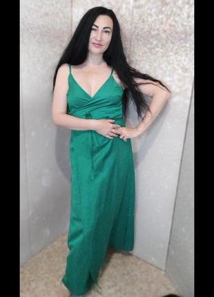 Шовкова сукня на бретелях на запах, зелена, 42-444 фото