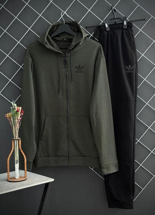 🟢демісезонний спортивний костюм adidas кофта на змійці хакі + штани (двонитка)🟢6 фото