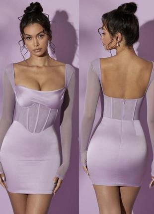 Новое корсетное платье с рукавами фиолетовое по фигуре
