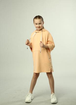 Детское платье туника худи для девочки цвет персиковый, 6 7 8 9 10 11 12 лет5 фото