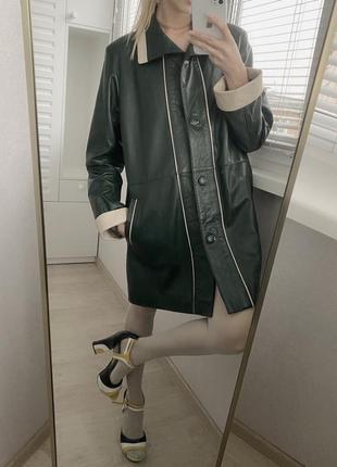 Кожаное пальто в стиле  prada тёмно-зелёного цвета l xl