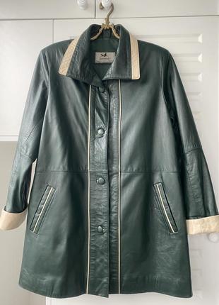 Кожаное пальто в стиле  prada тёмно-зелёного цвета l xl2 фото