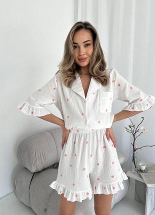 Піжама з мусліну в сердечка, гарна піжама сорочка і шорти з рюшами з мусліну, рубашка та шорти рюши