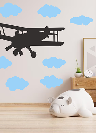 Вінілова інтер'єрна наклейка кольорова декор на стіну, шпалери та інші поверхні "аероплан. хмари"