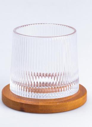 Склянка дзига для віскі скляна прозора з дерев'яною підставкою