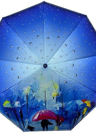 Жіноча парасоля напівавтомат на 9 спиць від frei regen з принтом міста, сатиновий купол, синя ручка, 09073-4