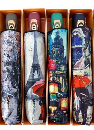 Жіноча автоматична парасоля на 9 спиць від frei regen з принтом міста, сатиновий купол, бірюзова ручка, 09074-42 фото