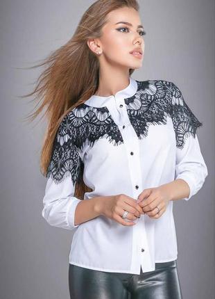 Женская блузка (блуза) с рукавами три четверти, с черным кружевом. белая s2 фото