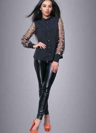 Жіноча блузка (блуза) з довгими рукавами з сітки, манжетами та коміром. чорна s