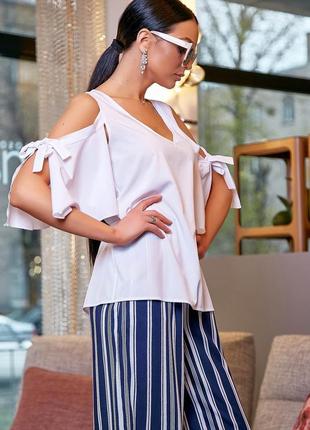 Женская блузка(блуза) с рукавами на завязках, свободная, с открытыми плечами. белая s3 фото
