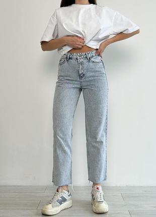 Женские вареные прямые джинсы мом с высокой посадкой и необработанным низом