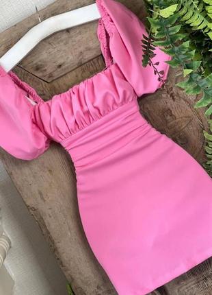 Нашумівша сукня зі шнуровкою на спині та зборкою на грудях, довжина міні прямий крій, короткий рукав, рожева чорна якісна трендова