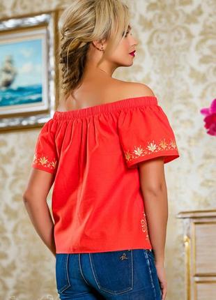 Женская блузка(блуза)летняя с короткими рукавами,свободная, с открытыми плечами.коралловая s-m5 фото