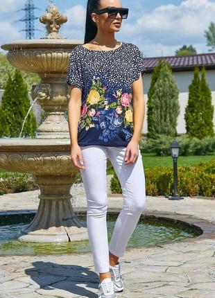 Женская блузка-туника с цветочным принтом в горошек. синяя m2 фото