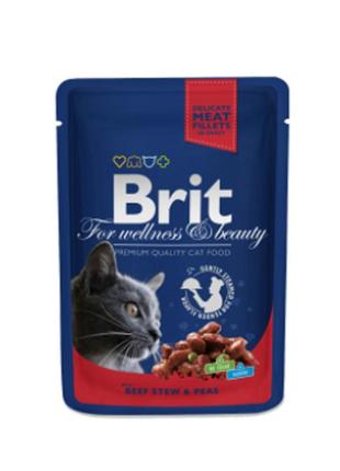 Brit premium cat pouch влажный корм для котов с тушеной говядиной и горохом - 100г