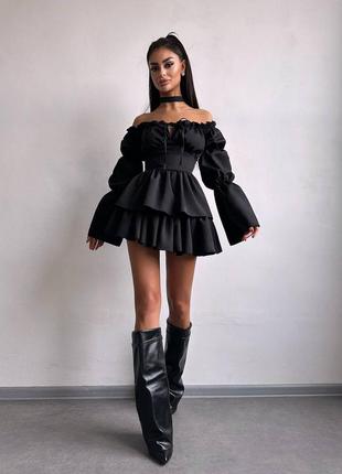 Платье мини с чокером и имитацией корсета, платье мини с объемными рукавами7 фото